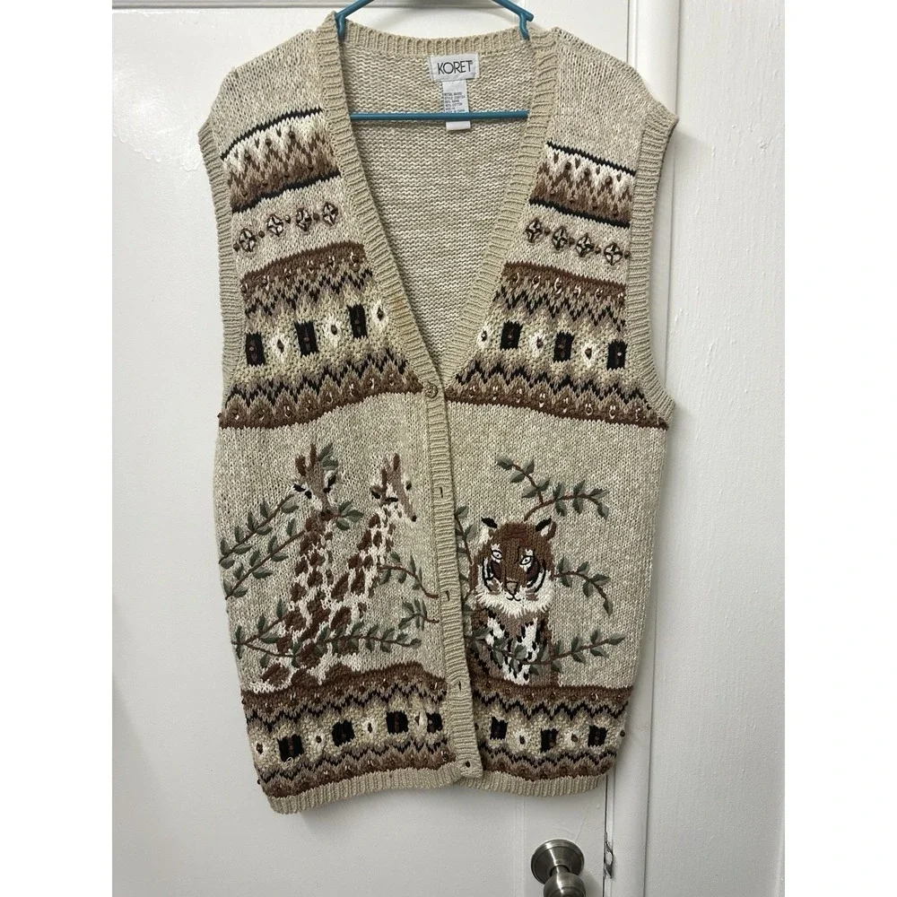 Vintage Koret Button Front Sweater Vest Giraffe Tiger Grannycore Women's Plus 1X